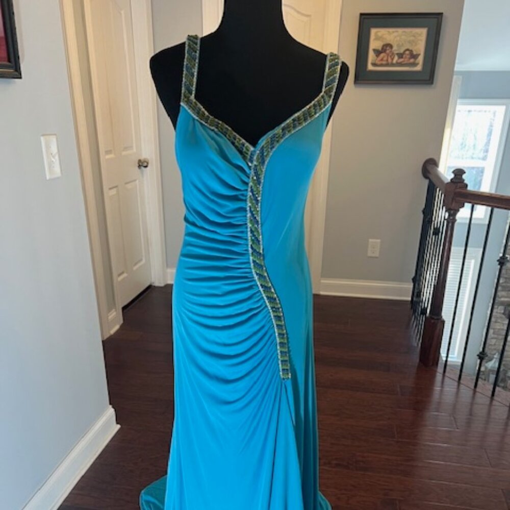 NWT Xcite Formal Dress Sleeveless Jersey Blue Fabric Size 14
